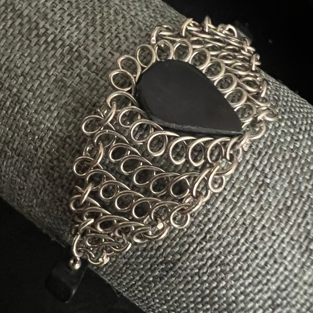 Vtg Artisan Silver Tone Wire Wrapped Chainmail Bracelet Black Stone 7 Whimsigoth